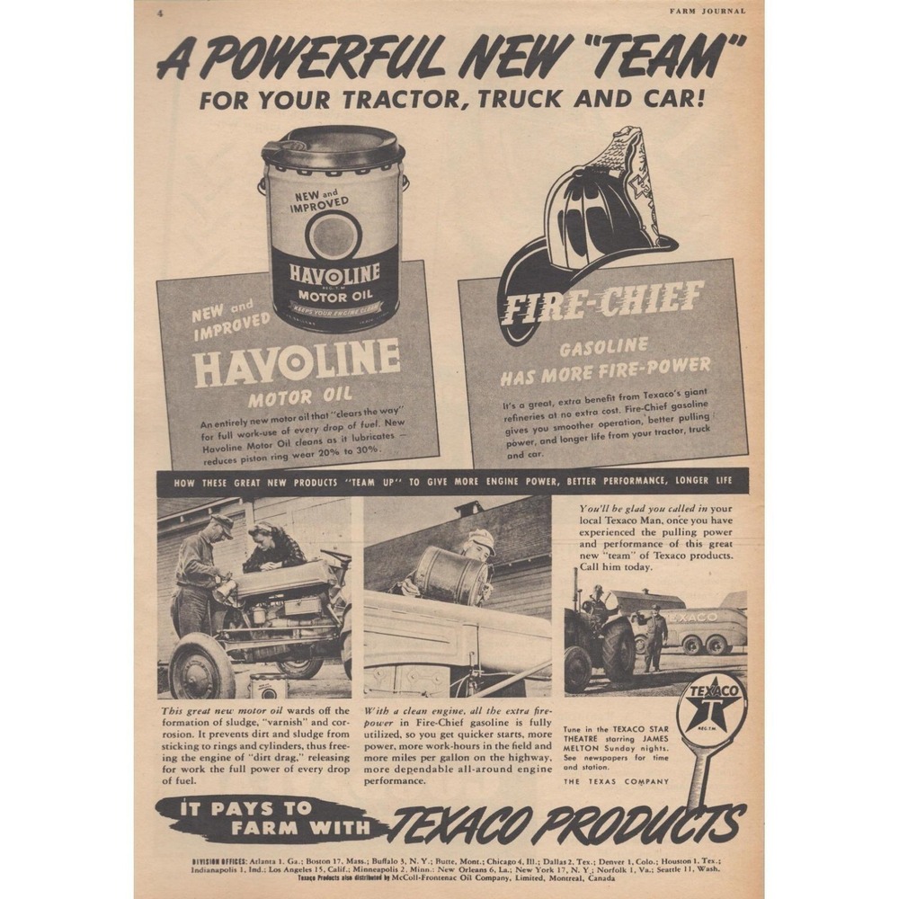 1946 Texaco Havoline Fire Chief Motor Oil Gasoline Vintage Print Ad Farm Tractor